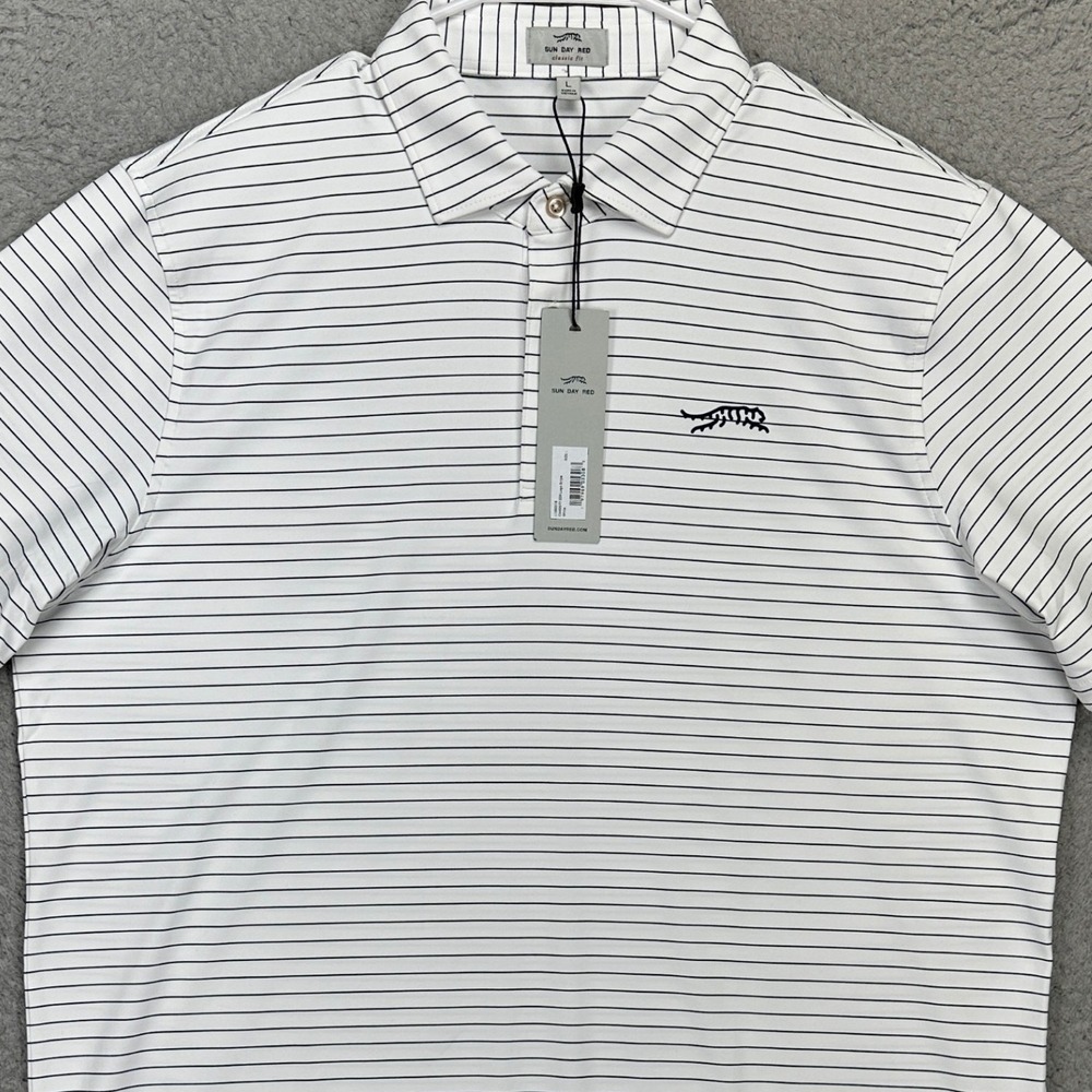 Sun Day Red Men Tiger Woods Golf Polo Shirt Large White Stripe Rugby Classic NEW